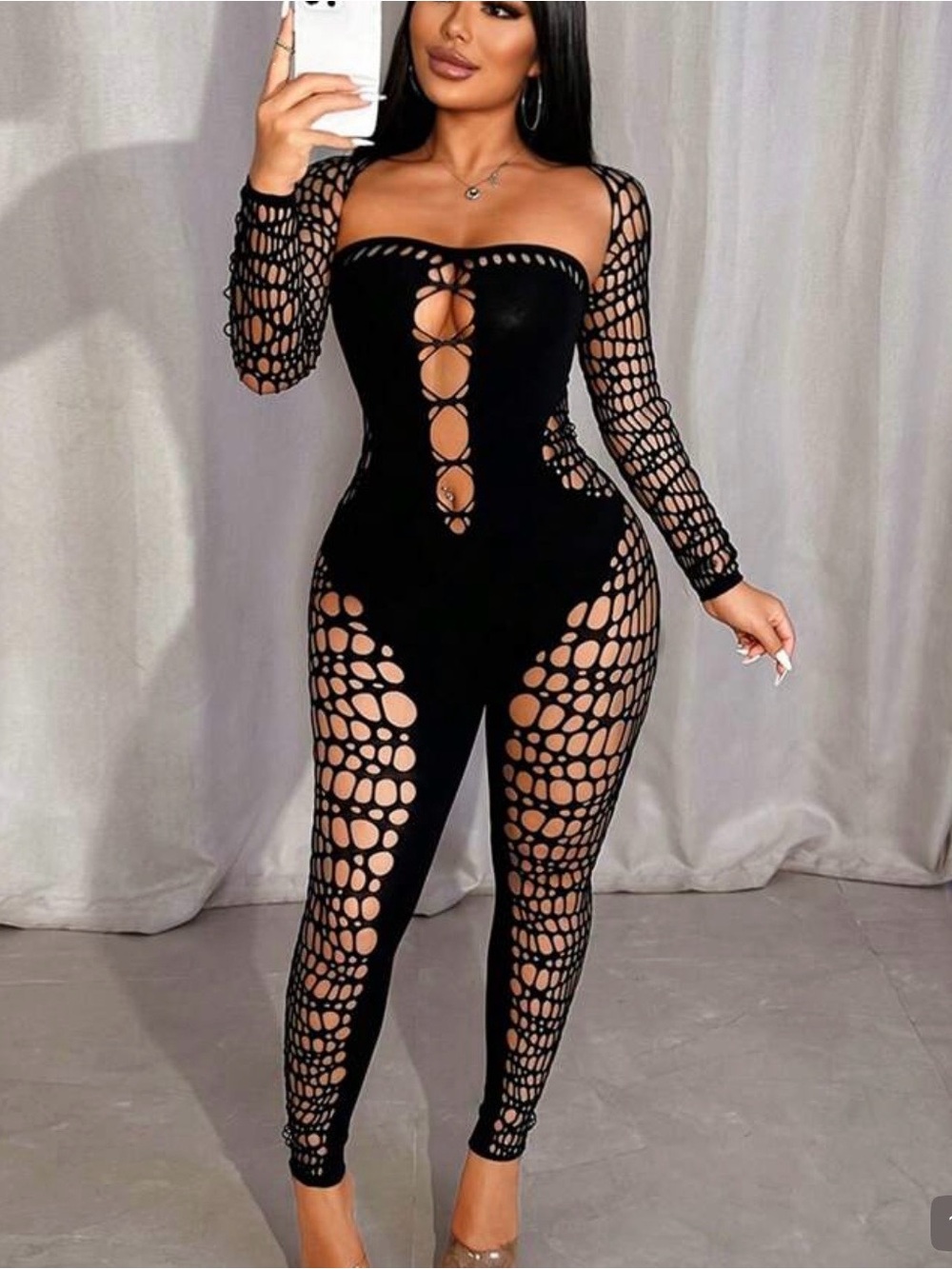 Black Cutout Mesh Long-Sleeve Jumpsuit